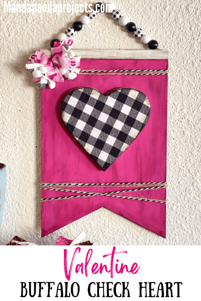Pink and Buffalo Check Valentine's Heart DIY decor for February 14th with a wood bead hanger and small messy bow.