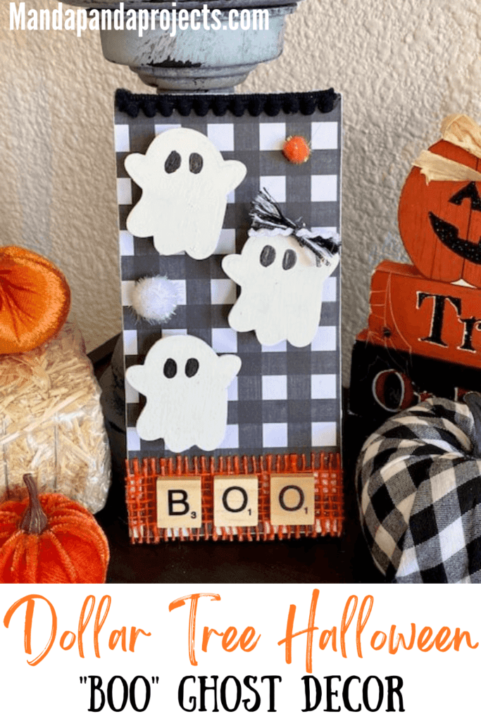 Dollar Tree DIY Ghost decor tiered tray sitter for a Halloween themed set up with BOO in scrabble tiles and a buffalo check background.