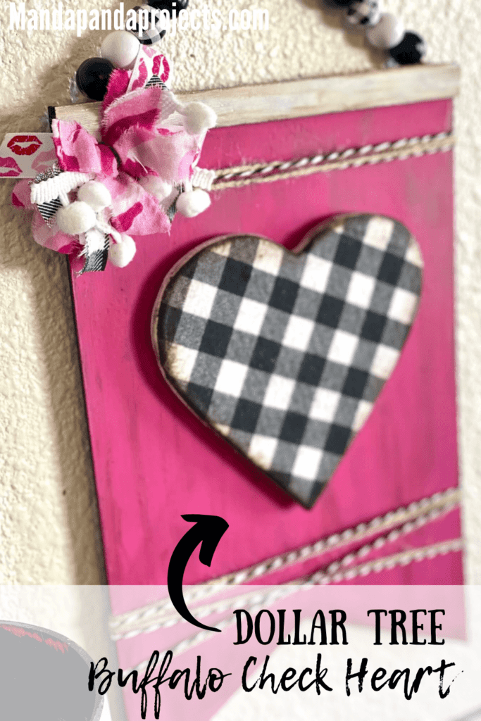 Pink and Buffalo Check Valentine's Heart DIY decor for February 14th with a wood bead hanger and small messy bow.