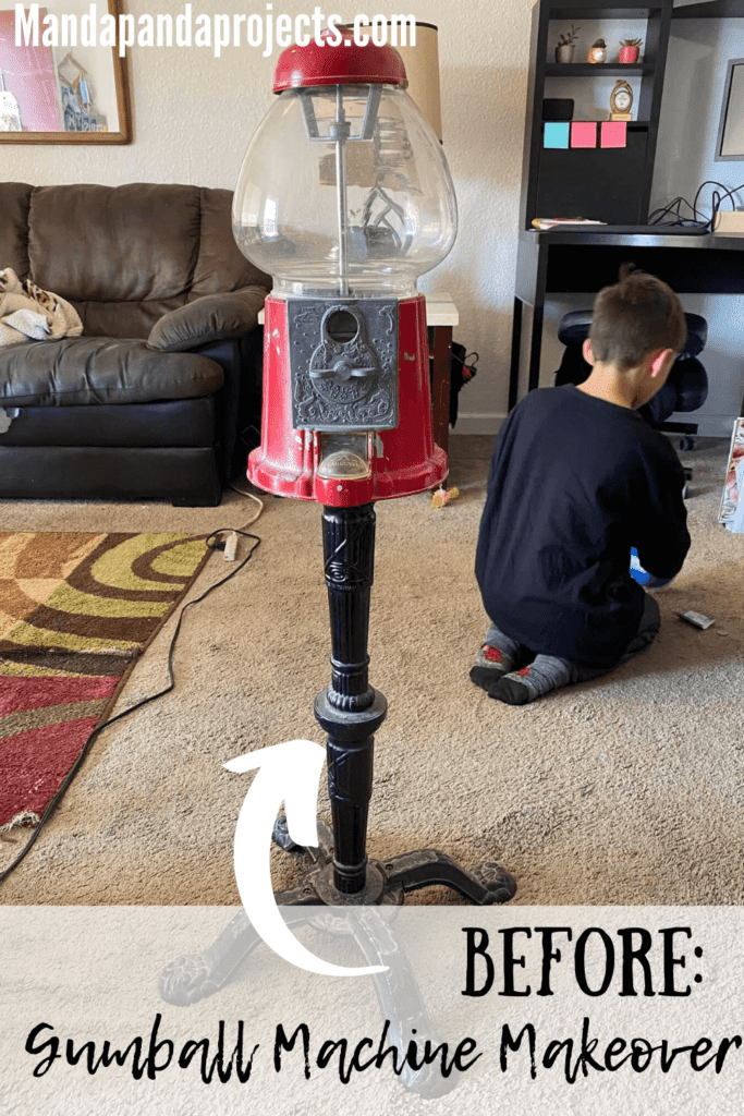 Vintage gumball machine makeover by taking a red gumball machine and spray painting it with white chalk paint.