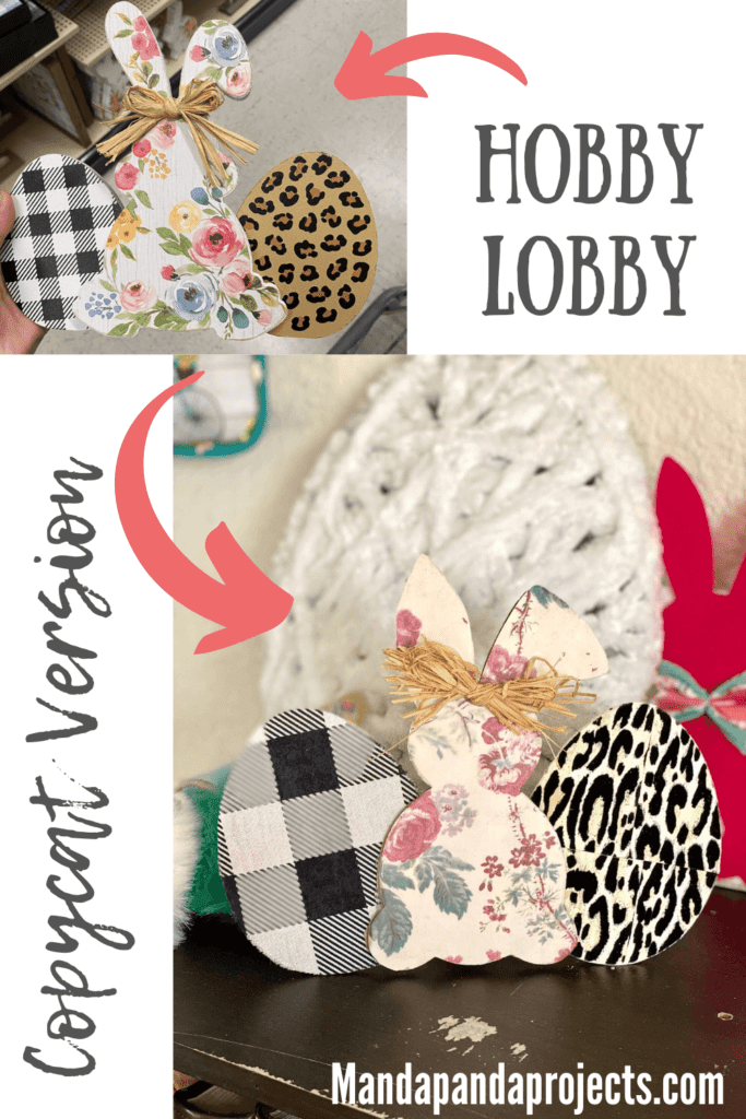 Hobby Lobby Copycat Easter Bunny and egg DIY Decor with floral bunny, buffalo check and leopard print eggs.