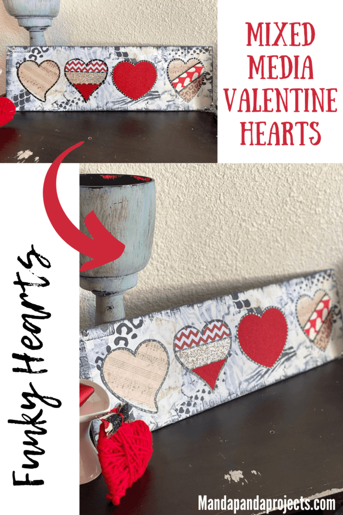 Mixed Media DIY Valentines Day Decor with funky red, leopard, and glitter hearts. Craft idea to create and decorate for February 4th. #valentinesdayideas #mixedmedia