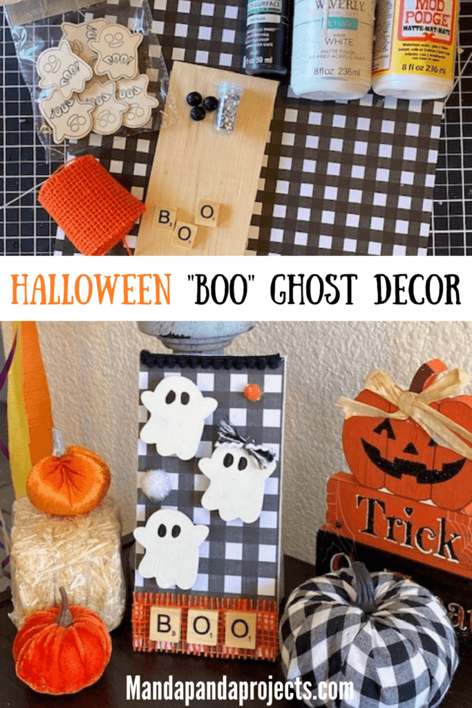 Dollar Tree DIY Ghost decor tiered tray sitter for a Halloween themed set up with BOO in scrabble tiles and a buffalo check background.