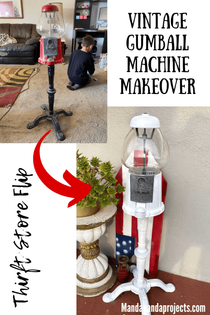 Vintage gumball machine makeover by taking a red gumball machine and spray painting it with white chalk paint.