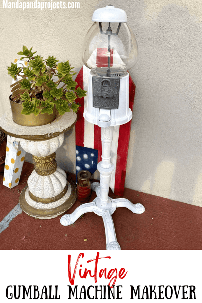 Vintage gumball machine makeover by taking a red gumball machine and spray painting it with white chalk paint.