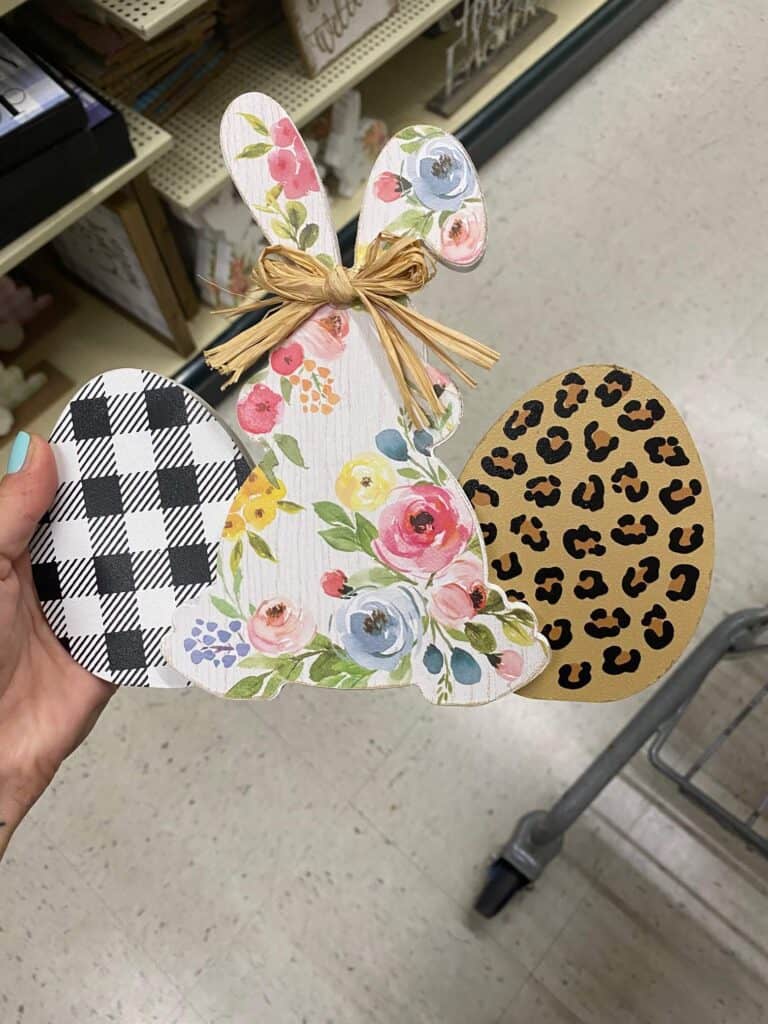Hobby Lobby original version of the Floral, buffalo check, and leopard print easter bunny and egg decor.
