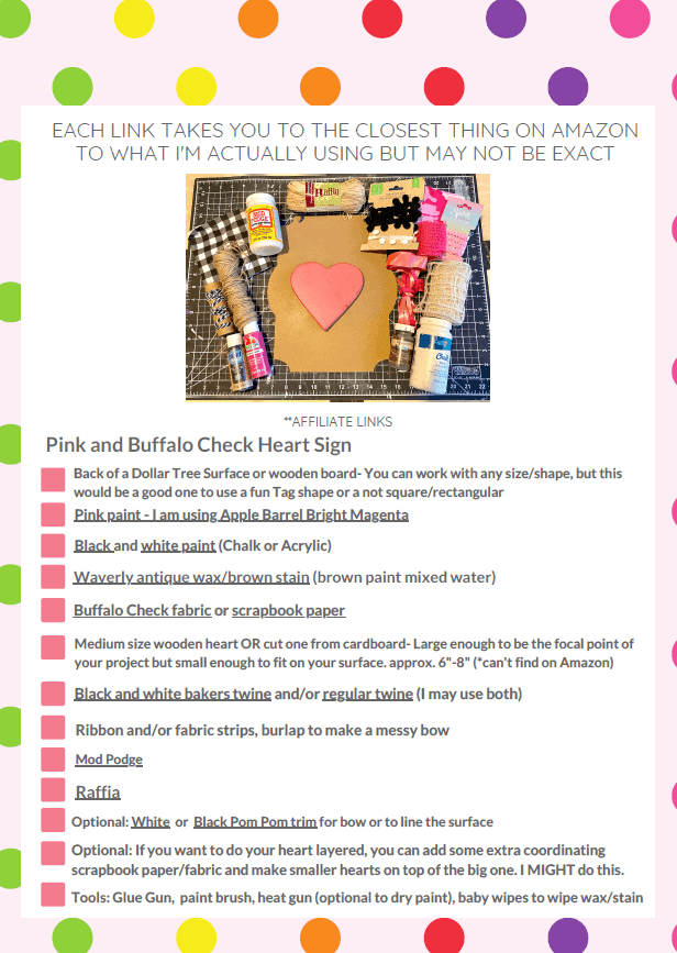 Supply list for the Pink and Buffalo Check Heart sign.
