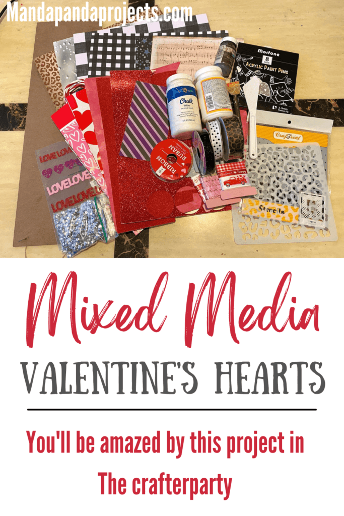 Supplies needed to make the mixed media valentine day heart craft project.