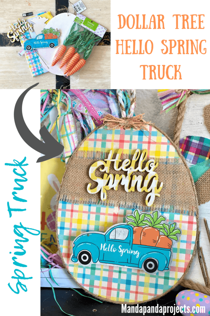 Dollar Tree Hello Spring Truck Easter egg DIY with yellow plaid tissue paper, burlap, and carrots in the bed of the truck.