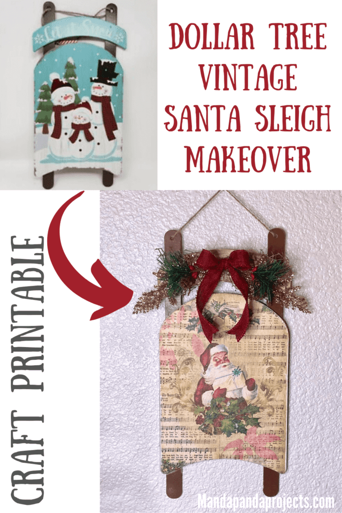 Before and after picture of the Dollar Tree vintage santa sleigh.