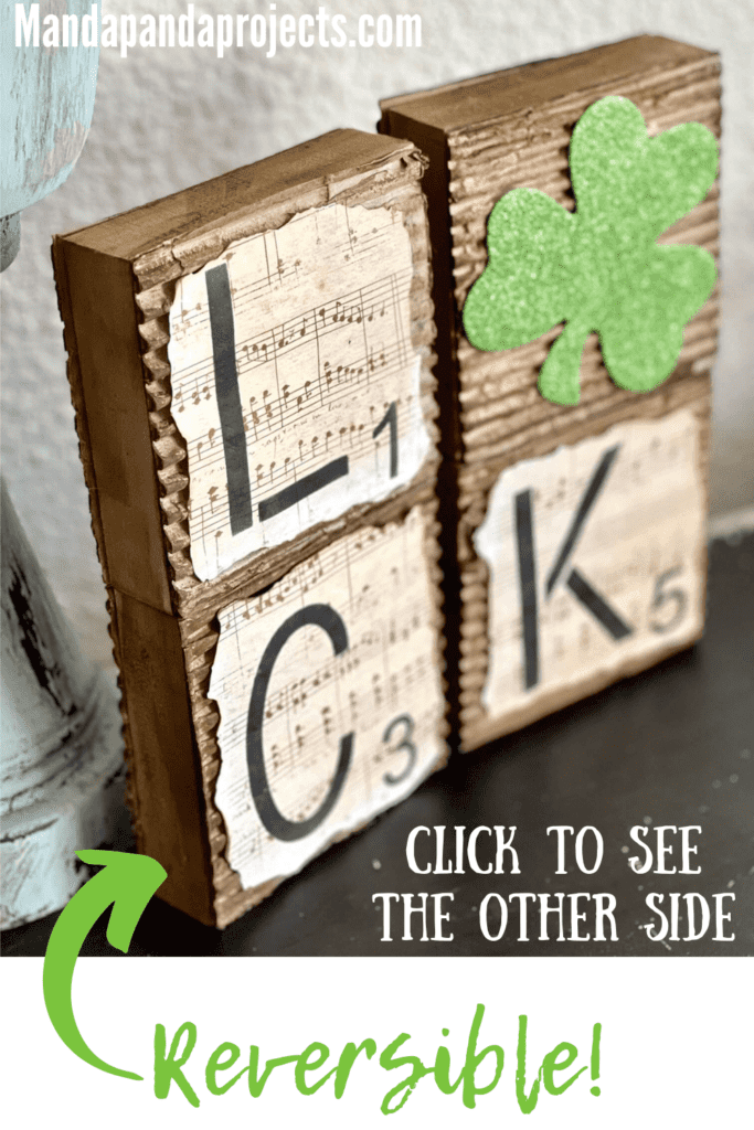 4 wood craft blocks that spell the word "Luck" with the "U" made of a green glitter shamrock for St. Patricks Day. 