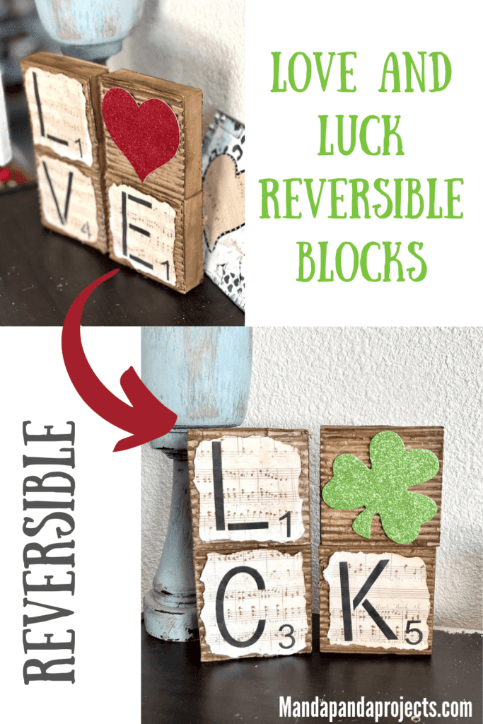 Love and Luck Reversible Blocks for St. Patrick's Day and Valentine's decor with a heart on one side and a shamrock on the other. 4 square wood blocks. 