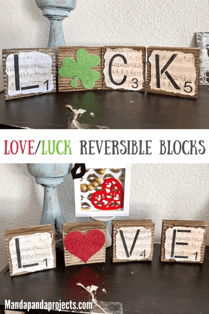 Love and Luck Reversible Blocks for St. Patrick's Day and Valentine's decor with a heart on one side and a shamrock on the other. 4 square wood blocks. 
