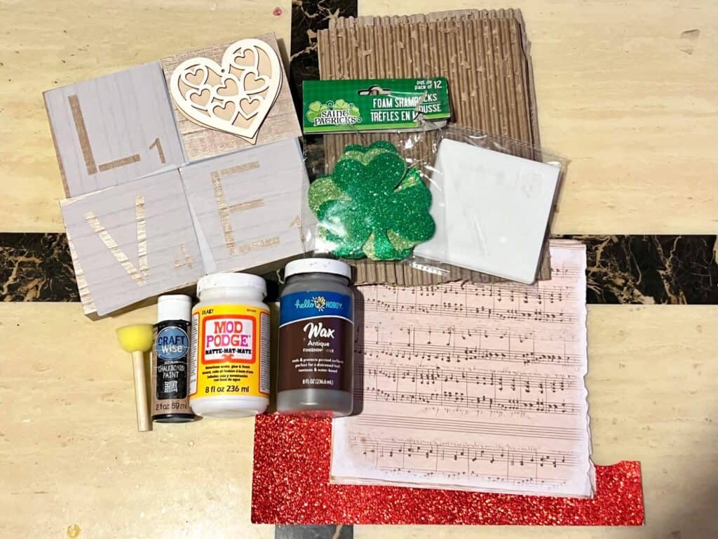 Supplies needed to make reversible Love and Luck block decor for Valentine's Day and St. Patrick's Day.
