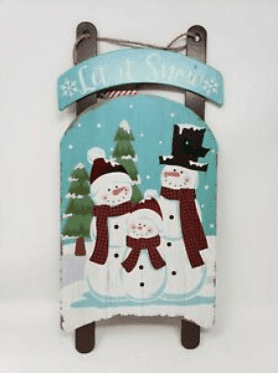 Dollar Tree wooden sleigh with a snowman family on it.