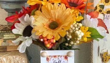 Dollar Tree "fall in love" back of the calendar mini print with a mixed sunflower bouquet.