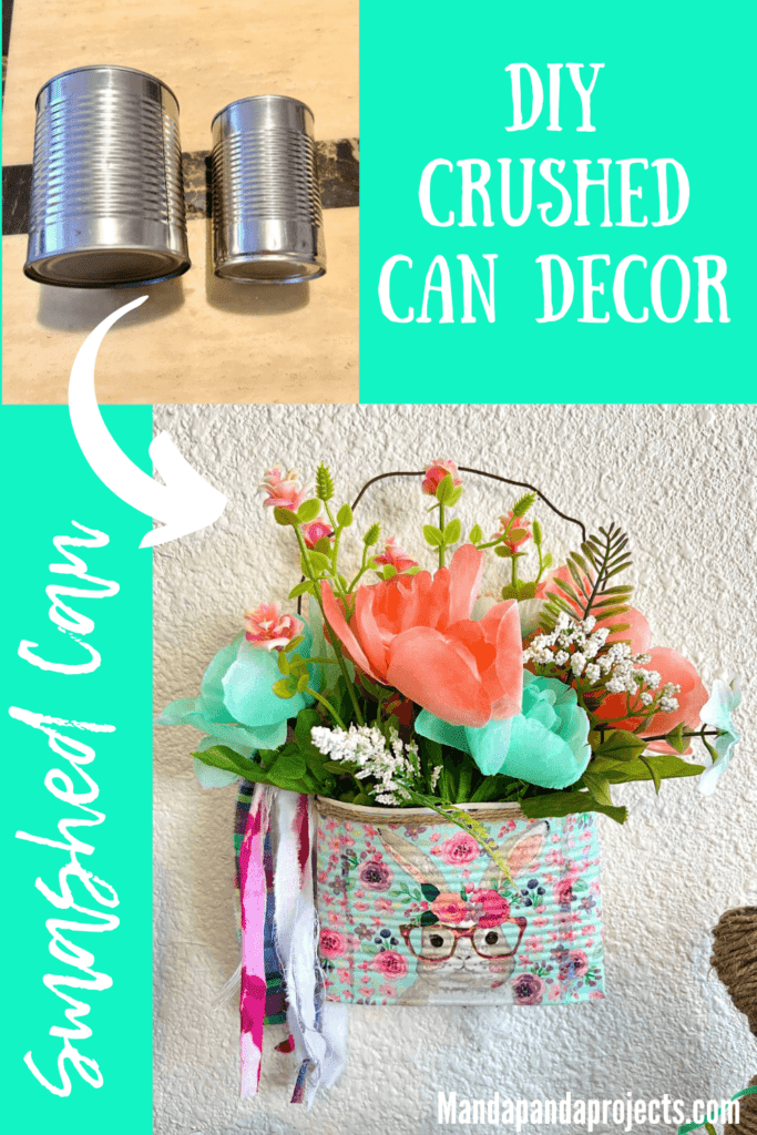 Turn a tin aluminum can into a smashed or crushed can decor with an Easter bunny and spring flowers.