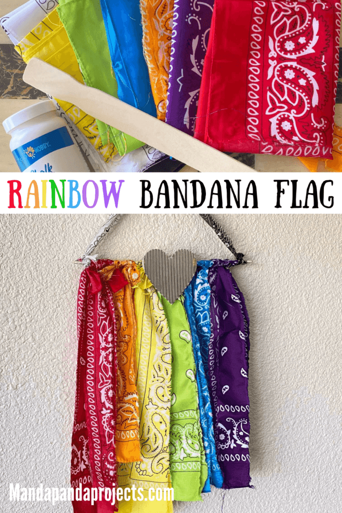 DIY Rainbow Bandana Handkerchief flag for celebrating Pride month in June with a small metal heart., or for kids classroom or playroom decor.