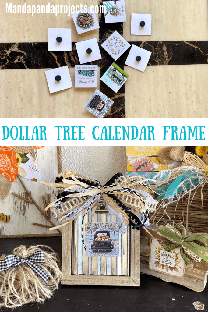 Dollar Tree Back of the Calendar Mini prints interchangeable seasonal frames decor with a fun neutral scrappy bow with raffia all of the other calendar minis with magnets on the back.