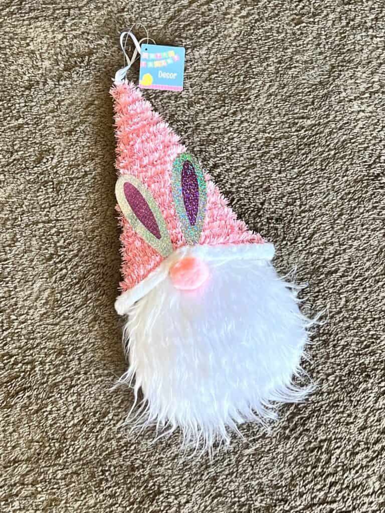 Dollar Tree Easter Bunny Gnome with pink hat and tinsel. The "before" pic.