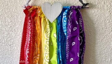 DIY Rainbow Bandana Handkerchief flag for Pride month in June with a small metal heart.