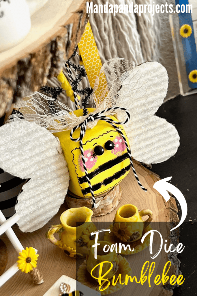 DIY Dollar Tree Foam Dice Whimsy Bumblebee summer tiered tray decor idea with diamond dust wings and a lace bow.