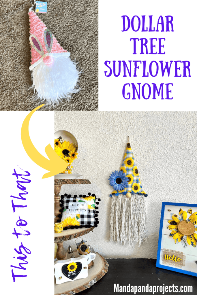 Dollar Tree DIY Sunflower Gnome Makeover with blue and yellow Walmart sunflower fabric and a Dollar Tree Mop Head string beard with a blue sunflower.