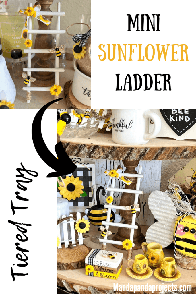 Sunflower and Bee mini Tiered tray decor ladder with a small sunflower bow on the top, mini sunflowers, and rhinestone bees.