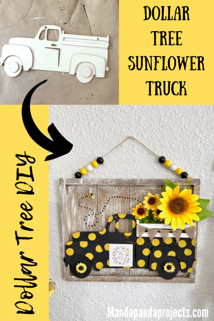 DIY Dollar Tree Sunflower Truck made with Dollar Tree supplies, faux sunflowers, a honey bee, wood bead hanger, and black with yellow polka dots for spring and summer DIY affordable decor.