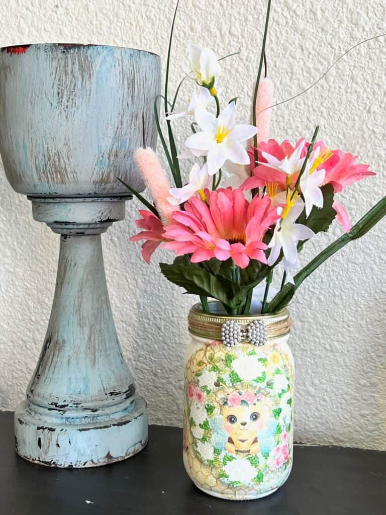 Honey Bee Sweet Pea Printable Decoupaged Mason Jar decor with spring faux pink and white florals from Dollar Tree. Craft Printable on tissue paper.