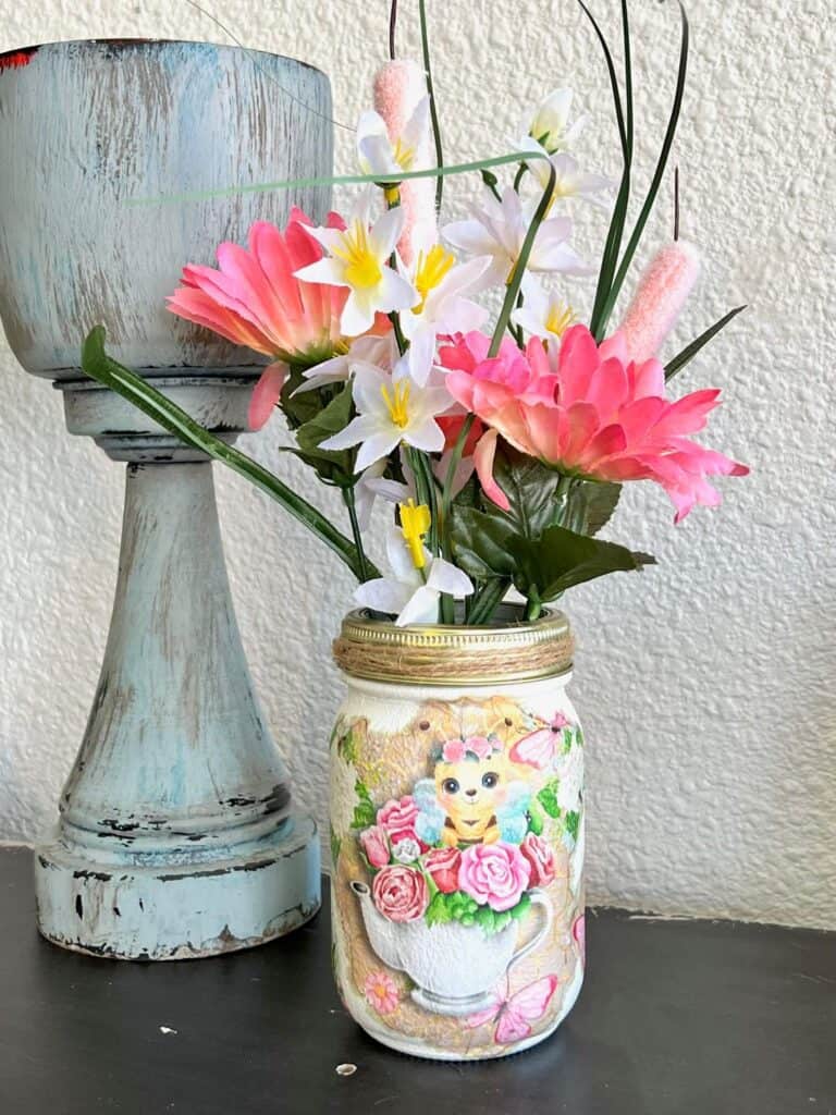 Honey Bee Sweet Pea Printable Decoupaged Mason Jar decor with  from Dollar Tree. spring faux pink and white florals. Craft Printable on tissue paper.