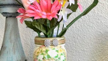 Honey Bee Sweet Pea Printable Decoupaged Mason Jar decor with spring faux pink and white florals. Craft Printable on tissue paper.