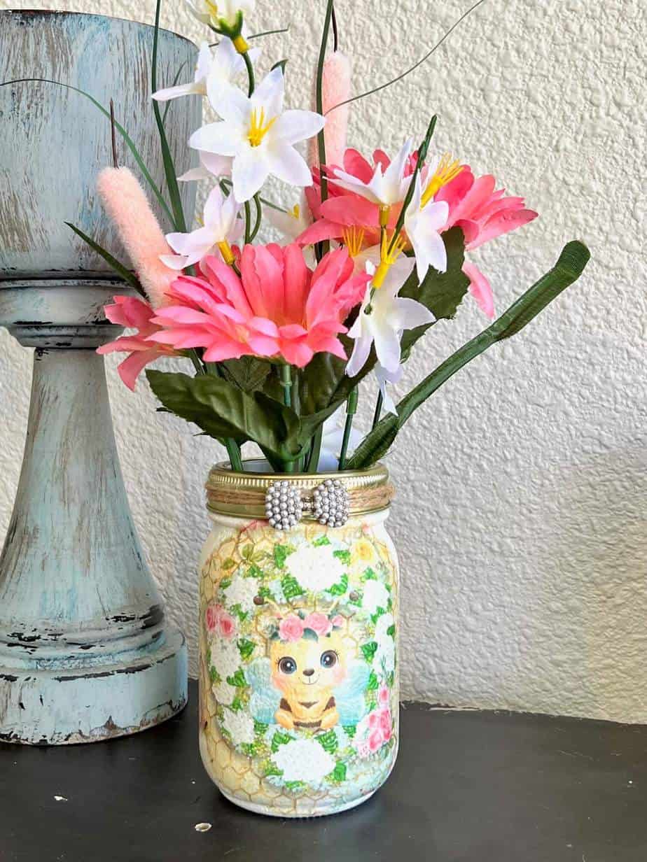 Honey Bee Sweet Pea Printable Decoupaged Mason Jar decor with spring faux pink and white florals. Craft Printable on tissue paper.