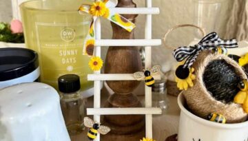 Sunflower and Bee mini Tiered tray decor ladder with a small sunflower bow on the top, mini sunflowers, and rhinestone bees.