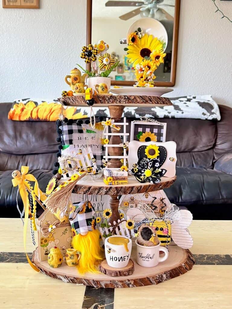 Rustic Handmade Summer Sunflower and Bumblebee themed 3 tiered tray decorated and styled with tons of handmade crafts and decor.