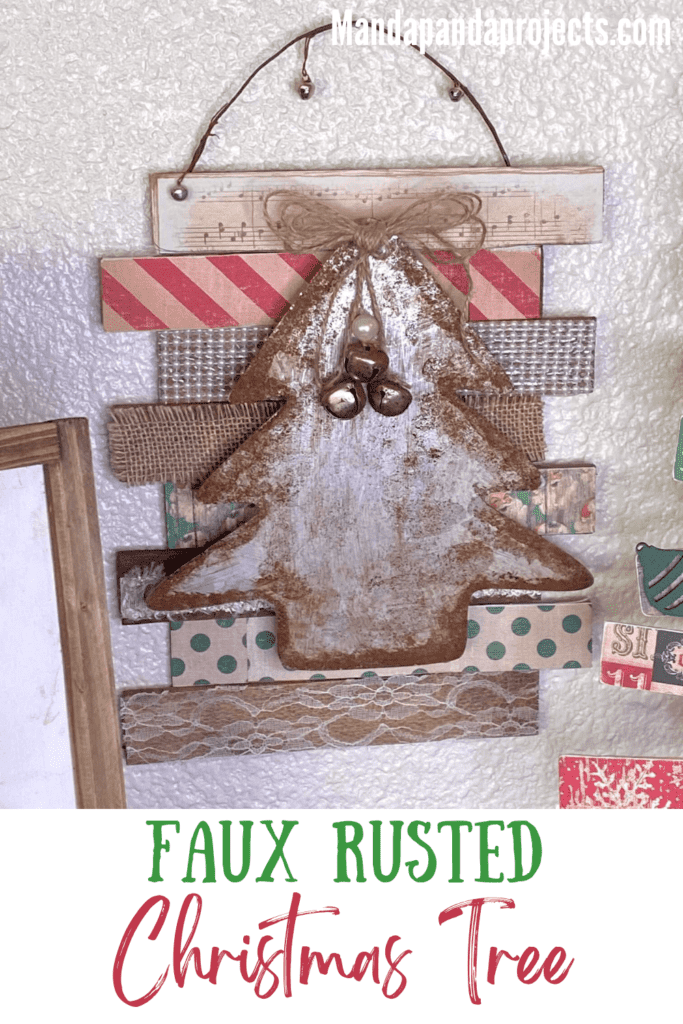 Faux rusted galvanized metal dollar tree vintage christmas tree diy decor made with wooden shims, burlap, lace, pearls, music sheet, rusted with the cinnamon technique for a vintage style.