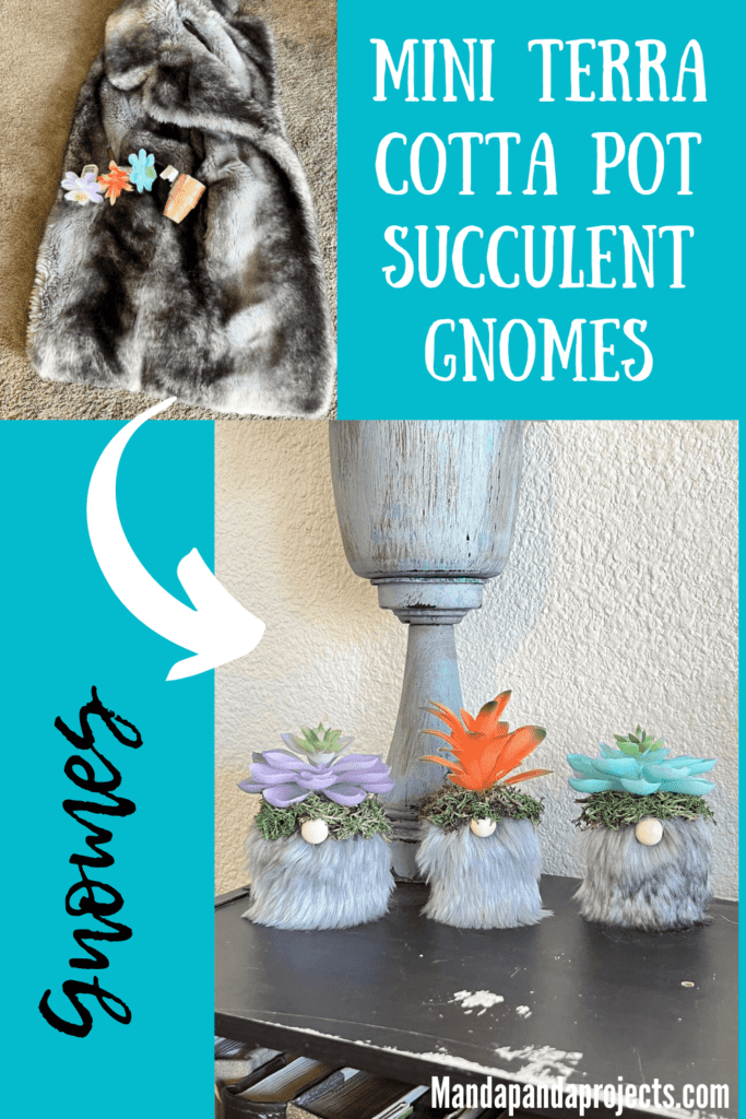 Faux fur coat made into mini terra cotta pot succulent gnomes with a teal, purple, and peach colored succulents and gray fur beard, with reindeer moss and a wood bead nose.