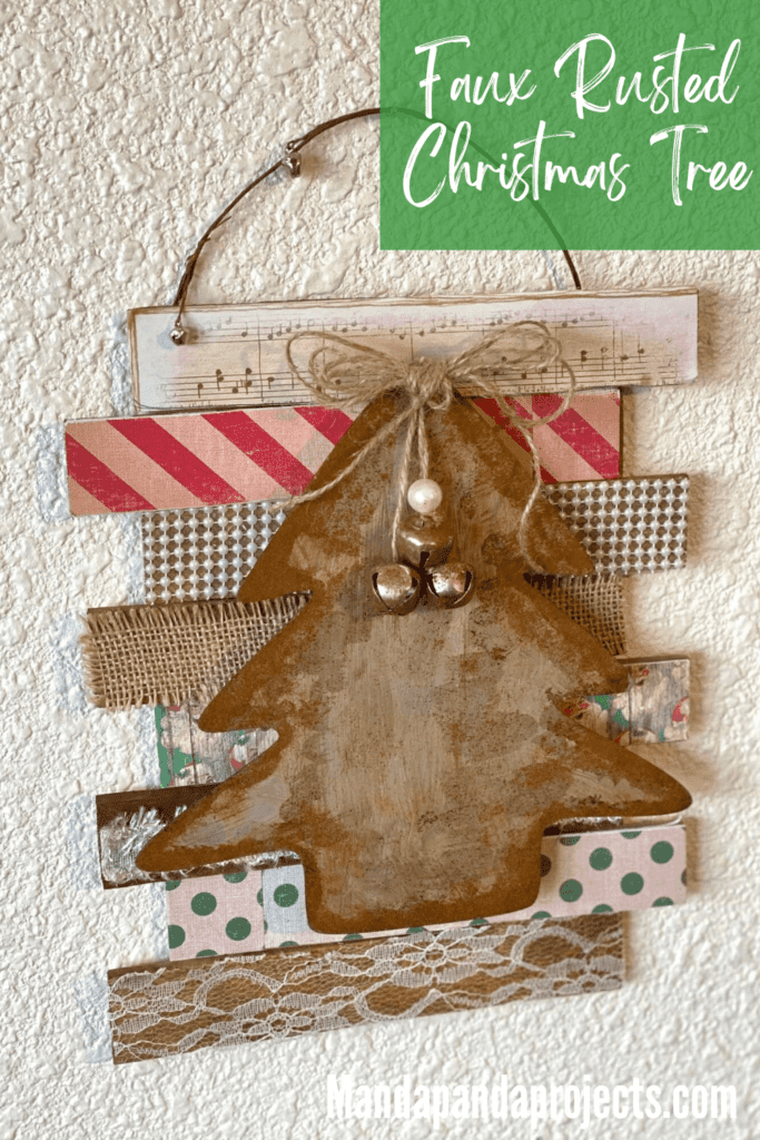 Faux rusted galvanized metal dollar tree vintage christmas tree diy decor made with wooden shims, burlap, lace, pearls, music sheet, rusted with the cinnamon technique for a vintage style.