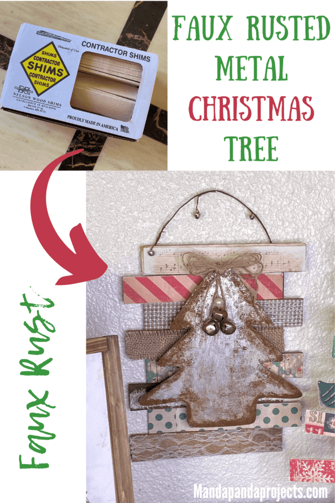 Faux rusted galvanized metal dollar tree vintage christmas tree diy decor made with wooden shims, burlap, lace, pearls, music sheet, rusted with the cinnamon technique for a vintage style.