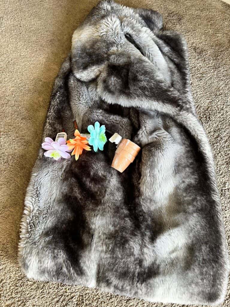 Calvin klein fur coat laying on the carpet with 3 colored succulents and mini terra cotta pots.