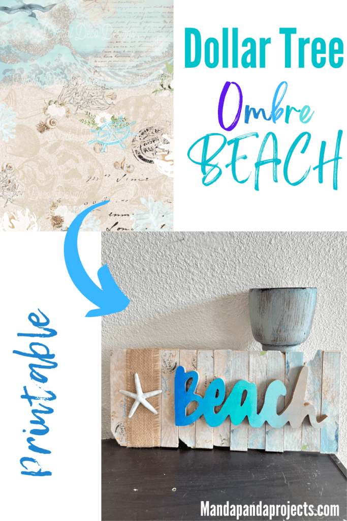 Dollar Tree Ombre Beach DIY Decor with crafty rice paper printable for nautical, coastal, or summer beach house DIY decor. Made with affordable Dollar Tree supplies from the shore living collection.