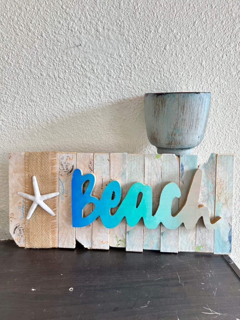 Dollar Tree Ombre Beach DIY Decor with crafty rice paper printable for nautical, coastal, or summer beach house DIY decor. Made with affordable Dollar Tree supplies from the shore living collection.