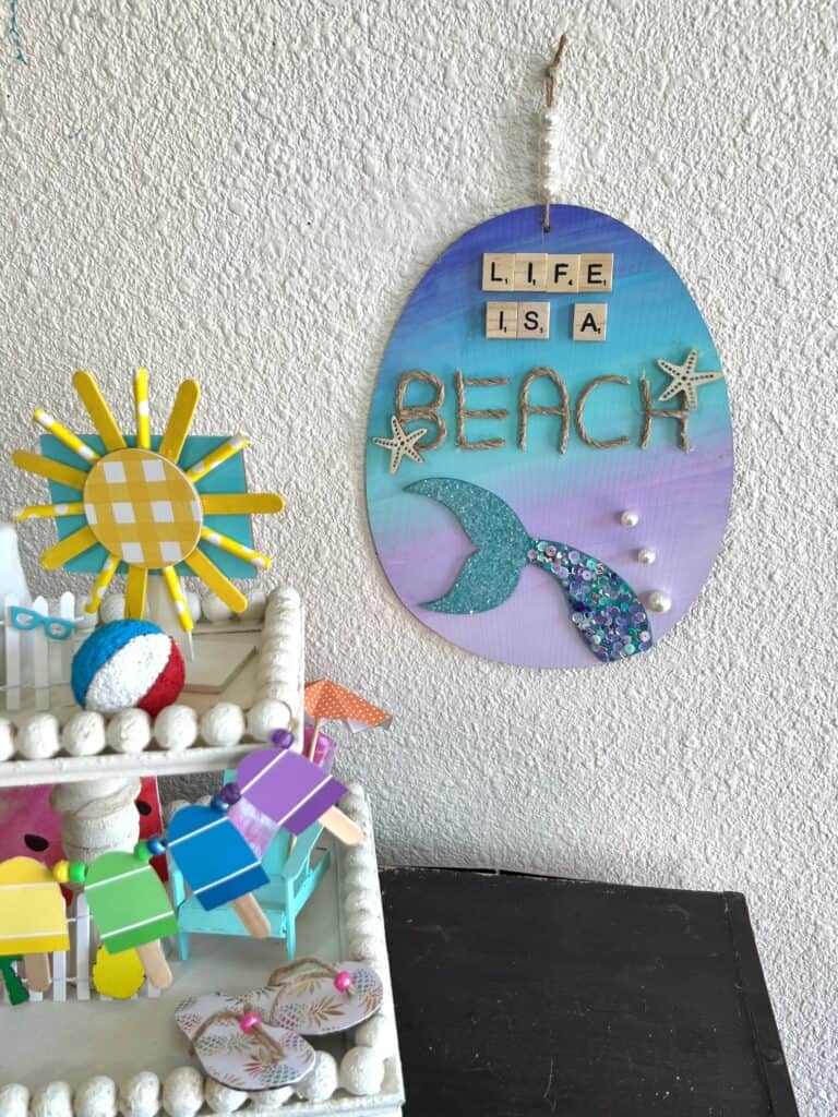Dollar Tree Ombre Mermaid Tail next to a summer fun in the sun tiered tray.