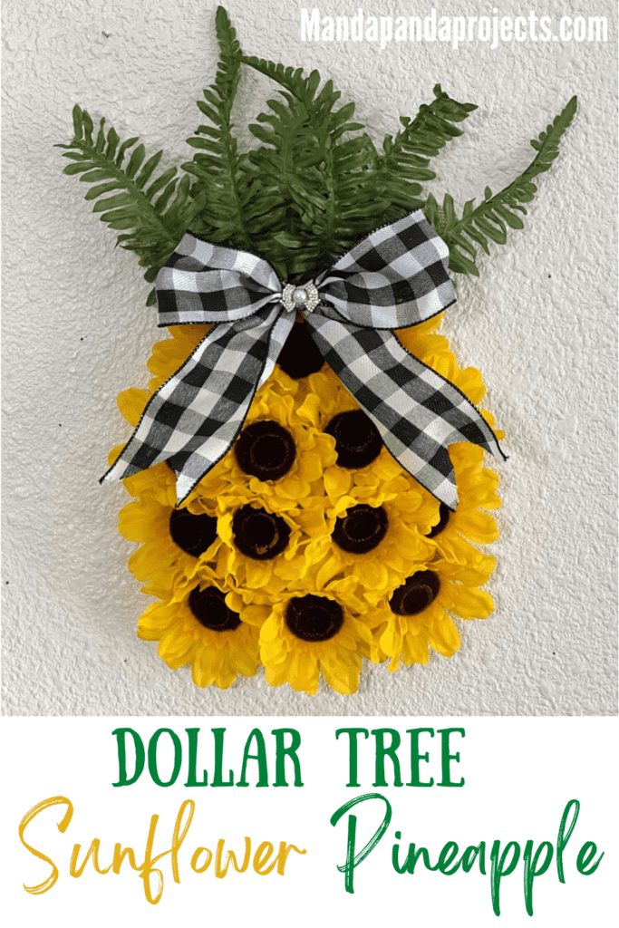 Dollar Tree Sunflower Pineapple Door Hanger DIY decor for summer crafts with a large buffalo check bow and mini bling.