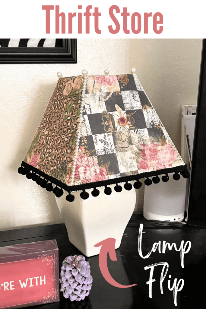 Thrift Store Lamp Flip. Makeover of a white lampshade with rice paper printables decoupaged onto the shade with black pom pom trim around the bottom and pearl strips up the side with pearl beads.