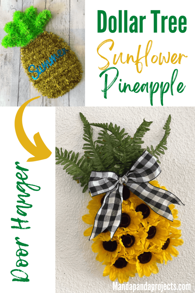 Dollar Tree Sunflower Pineapple Door Hanger DIY decor for summer crafts with a large buffalo check bow and mini bling.