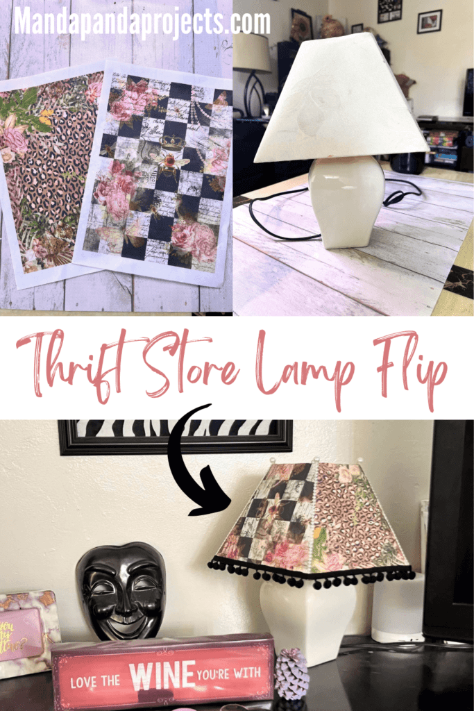 2 sheets of rice paper printables, a white plain lampshade, and the thrift store lamp after the makeover.