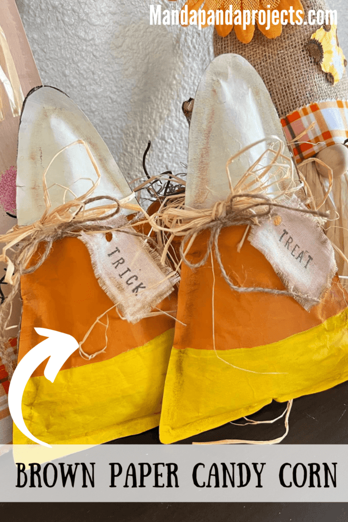 Brown Kraft Paper Candy Corn DIY Fall crafts and decor for Halloween decorations with orange yellow and white theme and trick and treat hang tags.