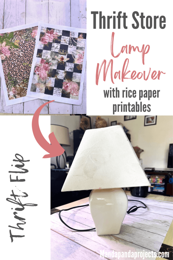 Thrift Store Lamp Flip. Makeover of a white lampshade with rice paper printables decoupaged onto the shade with black pom pom trim around the bottom and pearl strips up the side with pearl beads.