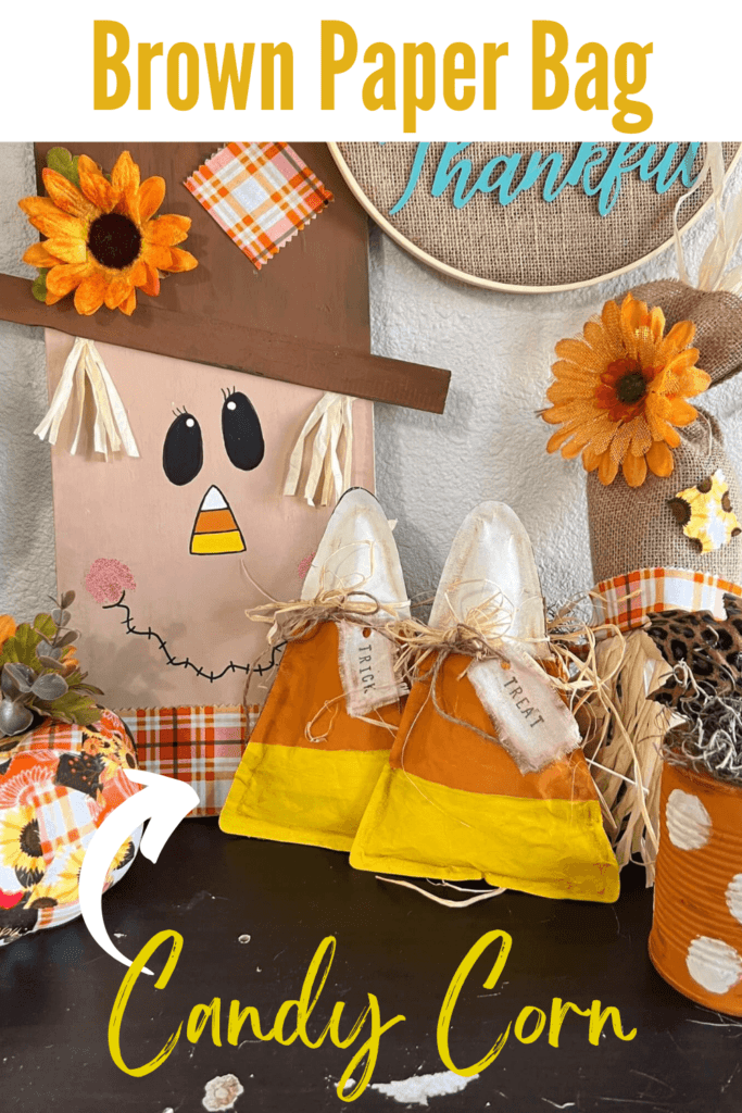 Brown Kraft Paper Candy Corn DIY Fall crafts and decor for Halloween decorations with orange yellow and white theme and trick and treat hang tags.